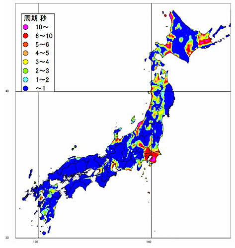 地盤が揺れやすい周期を示した地図。関東平野や大阪平野などが長い周期で揺れやすいことが分かります（資料：中央防災会議）