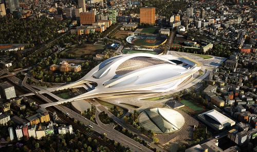 2012年11月の国際デザイン・コンクールで最優秀賞に選ばれた時点でのザハ・ハディド・アーキテクツの案。北西側から見る（資料：日本スポーツ振興センター）
