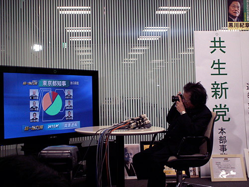 出口調査の結果について報じたテレビの画面をカメラに収めている黒川紀章氏（写真：日経アーキテクチュア）