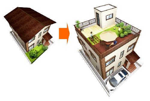 瓦屋根（左）と同等価格帯で屋上庭園（右）を可能にした「プラスワンリビング」（資料：東邦レオ）